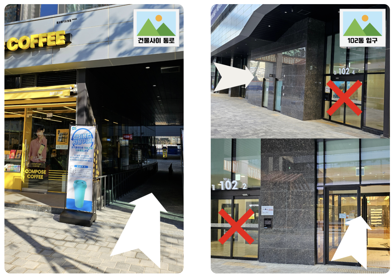 광교 퍼스트 피부과가 있는 힐스테이트 광교중앙역 건물 입구와 진입 동선을 표시한 안내 이미지