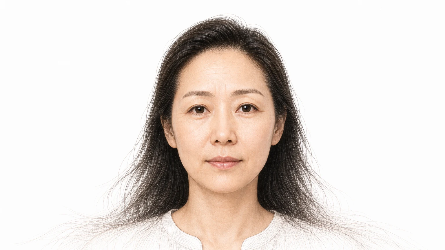 이마 가로 주름과 미간 세로 주름, 눈가 잔주름이 나타난 40대 한국인 여성의 정면 얼굴 — 보톡스로 조절하는 표정 주름