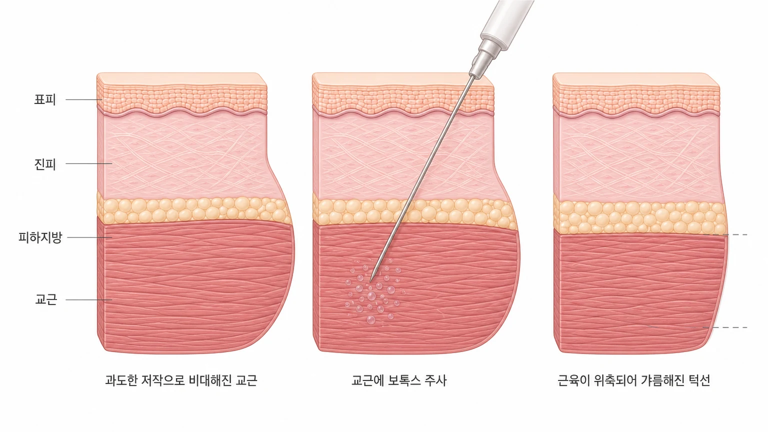 과도한 저작으로 비대해진 교근, 교근에 보톡스를 주사하는 장면, 근육이 위축되어 턱선이 갸름해진 상태를 좌우로 비교한 피부 단면 도해