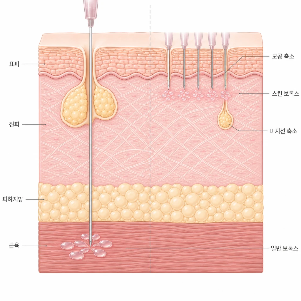 근육층까지 깊이 주입하는 일반 보톡스와 진피 얕은 층에 여러 번 미세하게 나누어 넣는 스킨 보톡스를 좌우로 비교하고 피지선과 모공이 작아진 모습을 그린 피부 단면 도해