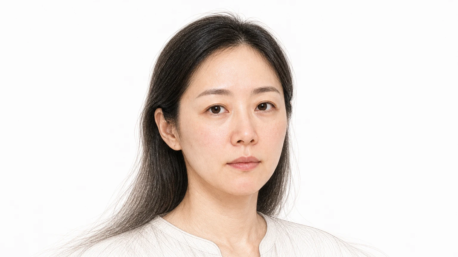 시술 통증과 바늘에 대한 부담을 안고 있는 30대 중반 여성 — 볼과 콧방울에 옅은 붉은기와 미세하게 거친 피부결이 보이는 민감성 피부