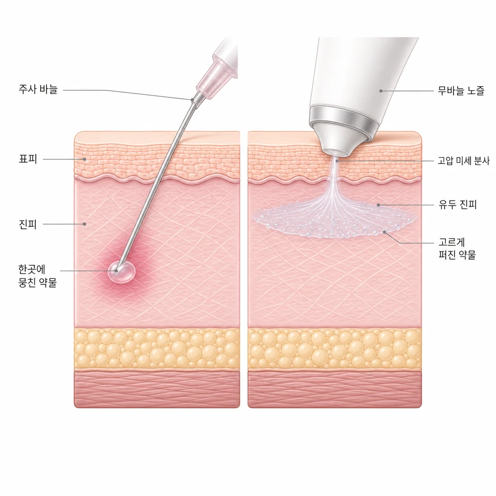 가는 주사 바늘이 진피 깊숙이 찔러 약물을 한곳에 뭉치게 하는 방식과, 무바늘 노즐이 고압 미세 분사로 유두 진피에 약물을 얇고 고르게 퍼뜨리는 방식을 나란히 비교한 피부 단면 도해