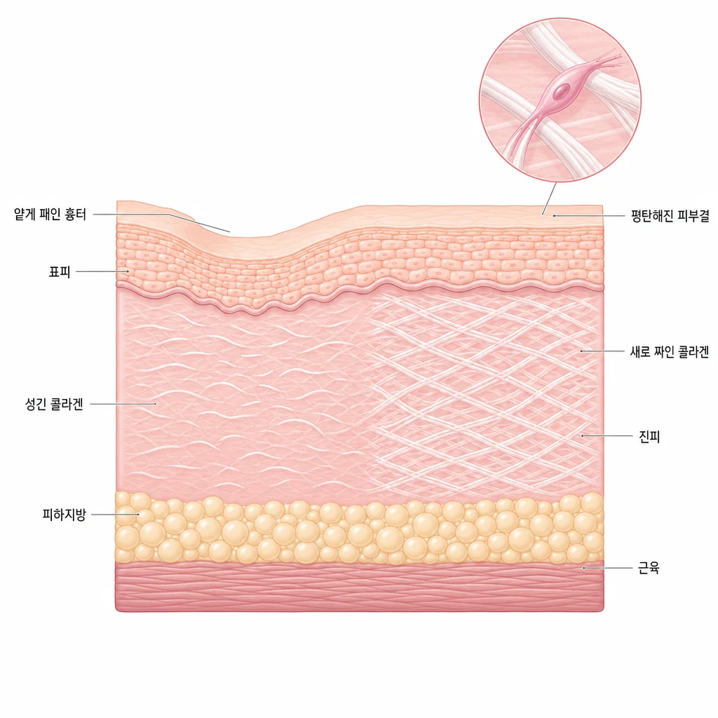 콜라겐이 성글어 움푹 내려앉은 얕은 여드름 흉터와, 새로 짜인 촘촘한 콜라겐이 바닥을 밀어 올려 평탄해진 피부를 좌우로 비교한 피부 단면 도해