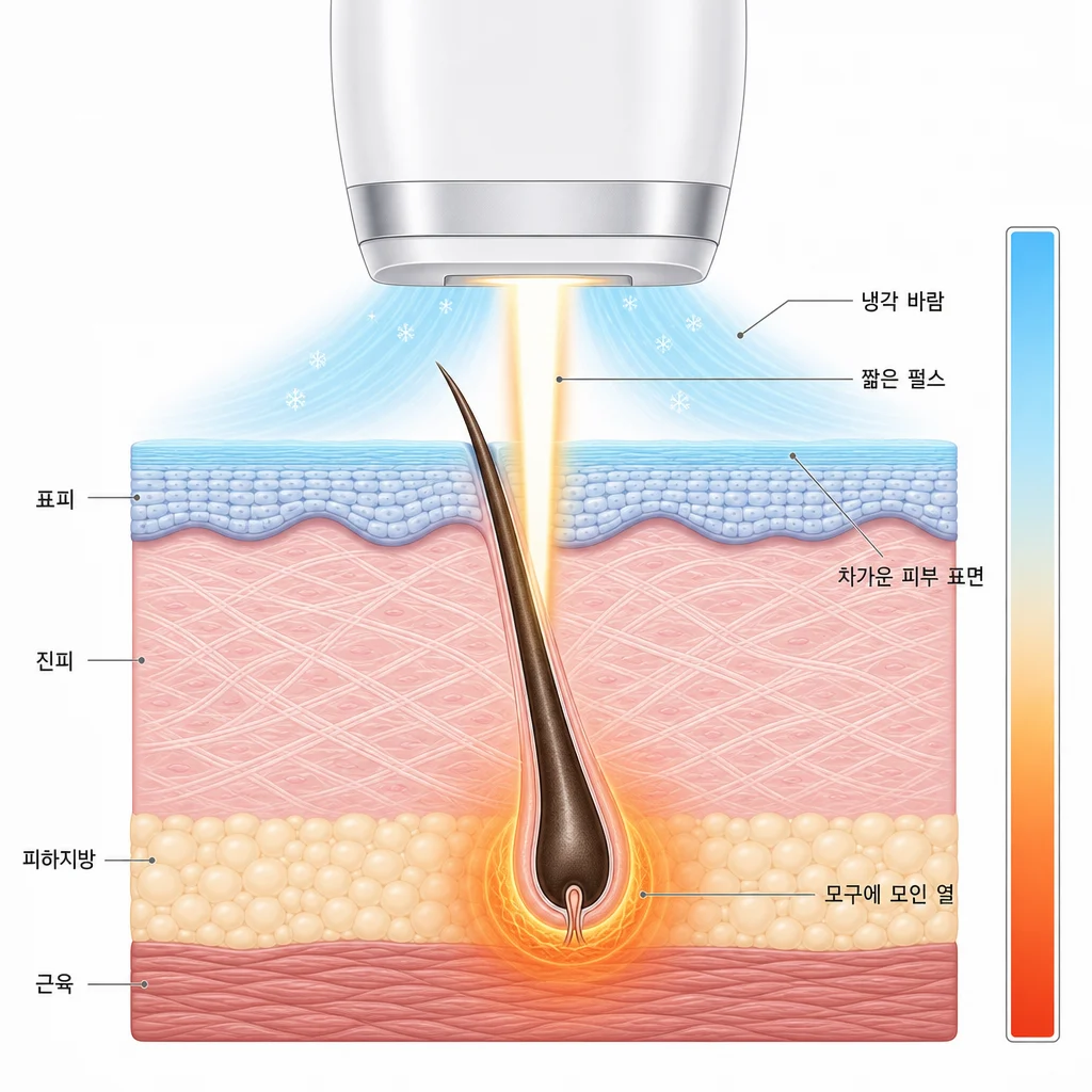 짧은 펄스의 빛과 함께 뿜어지는 냉각 바람이 피부 표면 온도를 낮춰 표피는 보호하고 열은 모구에만 모이게 하는 755nm 알렉산드라이트 레이저의 작동 원리 도해
