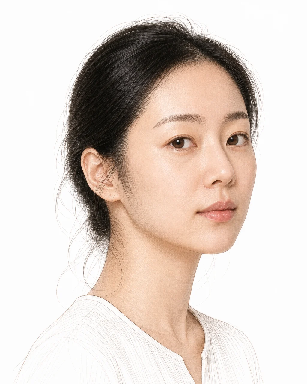 턱선과 뺨 바깥쪽, 목덜미에 옅은 갈색 솜털이 보송하게 비쳐 보이는 20대 후반 여성 — 얼굴·목 부위 제모 프로그램 대상