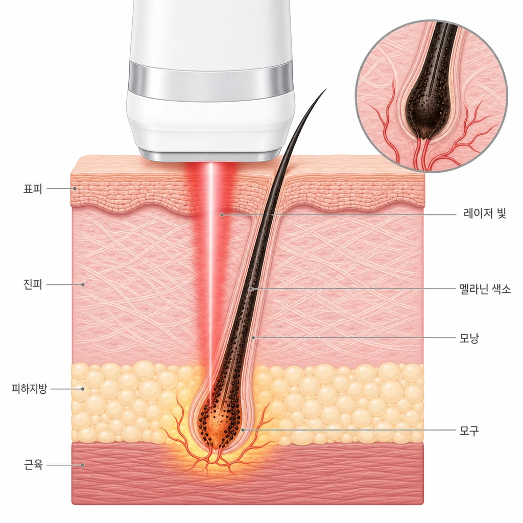 레이저 빛이 모간과 모낭 속 검은 멜라닌 색소에만 흡수되어 열로 바뀌고 그 열이 모구를 손상시키는 레이저 제모 원리를 그린 피부 단면 도해