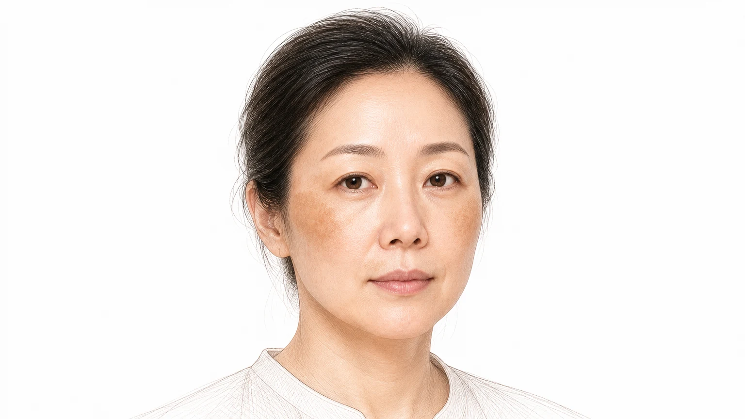 양쪽 광대뼈 위에 좌우 대칭으로 연한 갈색 색소가 넓게 번진 40대 중반 여성 — 기미의 대표적인 얼굴 증상