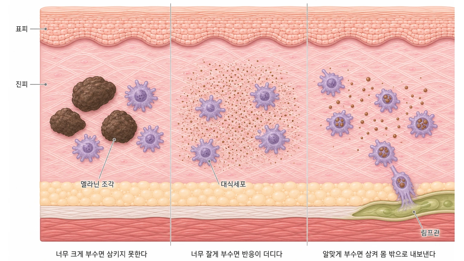 부순 멜라닌 조각의 크기에 따른 대식세포의 처리 차이 — 너무 큰 덩어리, 너무 고운 가루, 알맞은 크기 세 경우를 비교한 피부 단면 도해