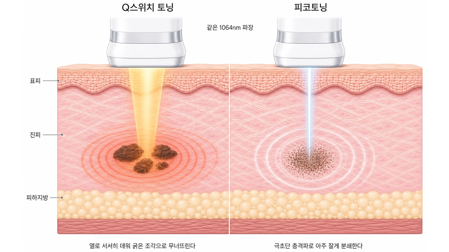 같은 1064nm 파장을 쓰는 Q스위치 토닝과 피코토닝의 차이 — 왼쪽은 열로 멜라닌을 굵은 조각으로 무너뜨리고 오른쪽은 극초단 충격파로 잘게 분쇄하는 피부 단면 비교 도해