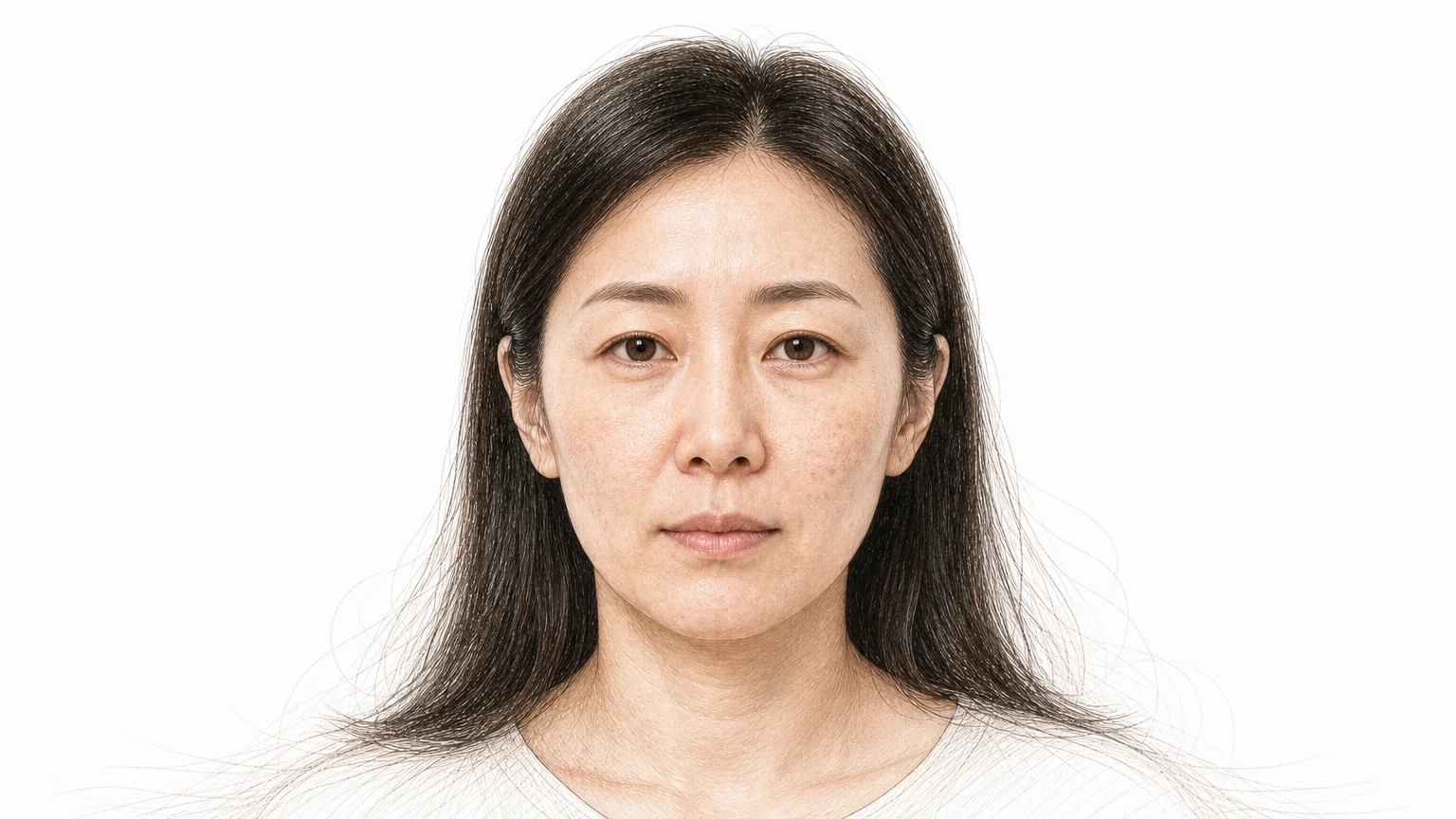 볼에 얕은 여드름 흉터와 옅은 색소침착이 남고 피부톤이 칙칙해진 30대 후반 여성 — 재생력이 떨어진 피부의 대표적인 모습