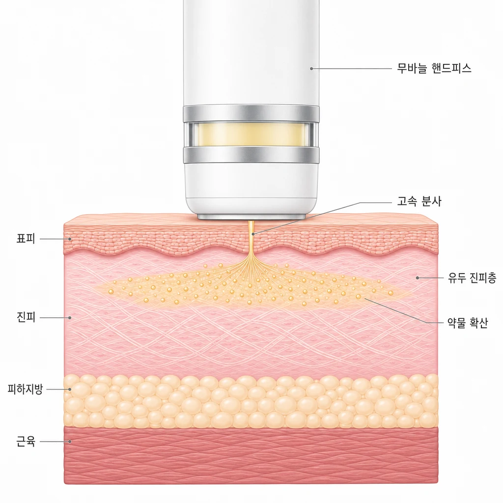 바늘 없이 고속 분사로 표피를 뚫지 않고 유두 진피층까지 약물을 정확히 전달하는 큐어젯 무바늘 주입 원리를 그린 피부 단면 도해