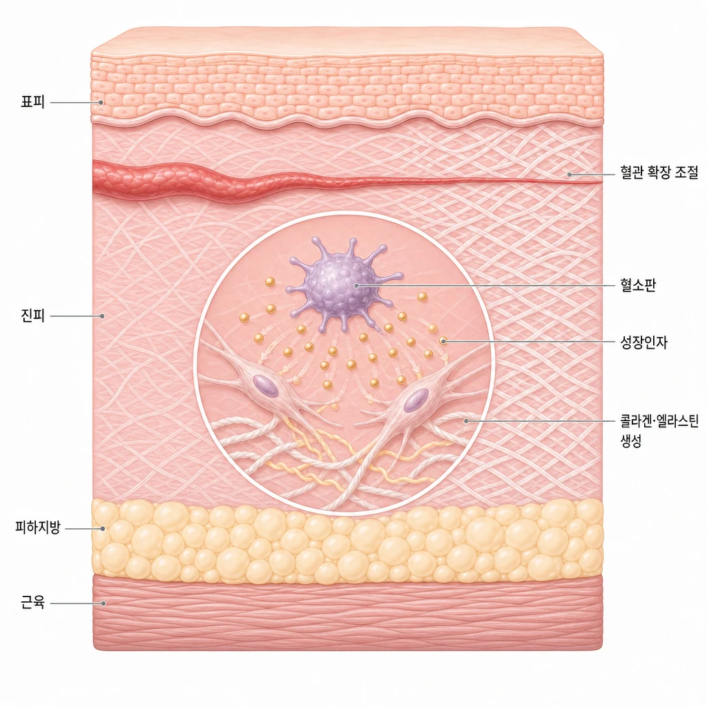 진피에 들어간 혈소판이 성장인자를 방출해 섬유아세포가 콜라겐과 엘라스틴을 새로 만들고 늘어난 혈관이 정상 굵기로 돌아가는 PRP 작용을 그린 피부 단면 도해