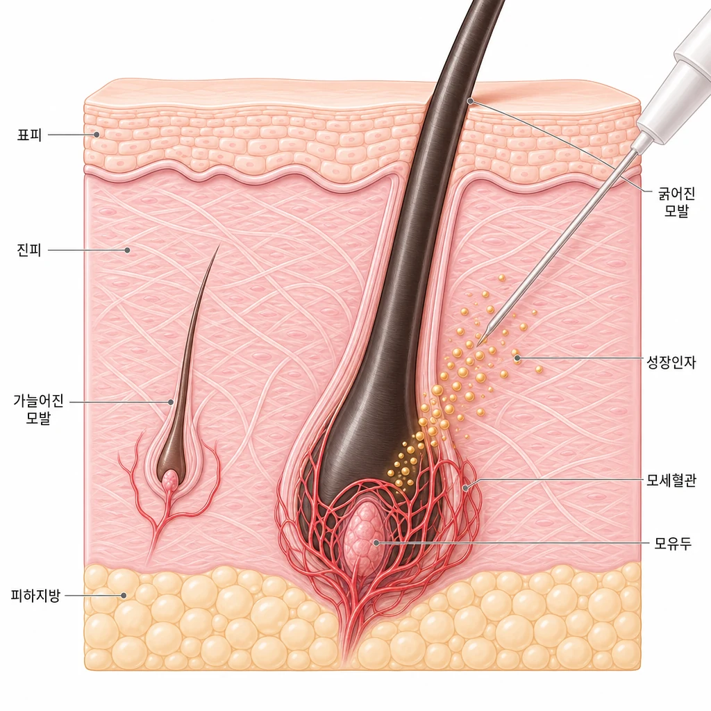 두피 진피에 주입된 성장인자가 모유두와 모낭을 감싼 모세혈관을 늘려 가늘던 모발이 굵게 자라도록 돕는 원리를 그린 두피 단면 도해
