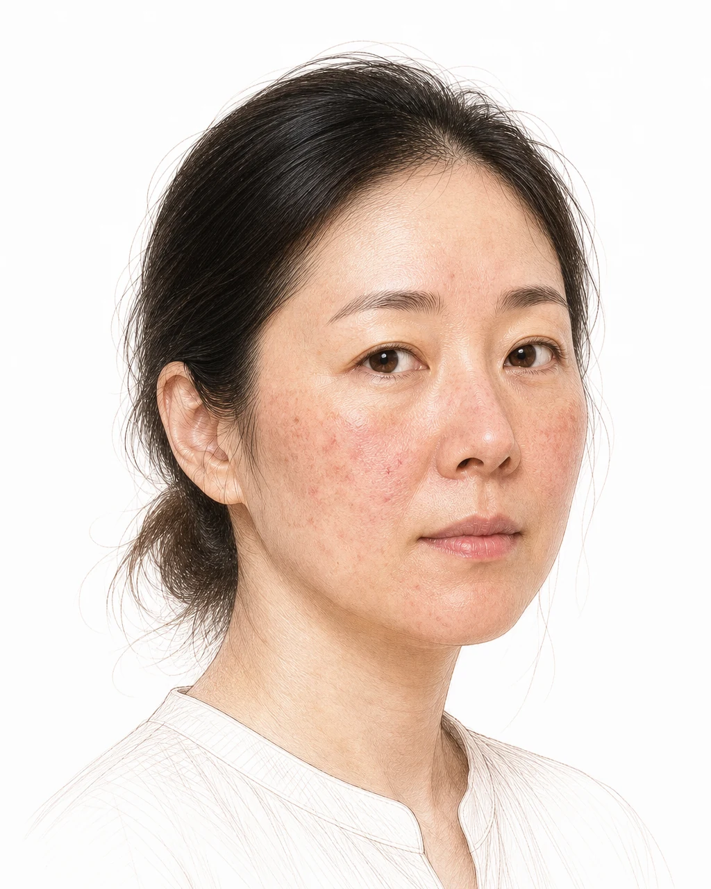양 볼에 붉은기와 실핏줄이 번지고 여드름이 가라앉은 자리에 갈색 색소 자국이 남은 40대 초반 여성 — PRP 병행 치료를 고려하는 피부염·색소질환 상태