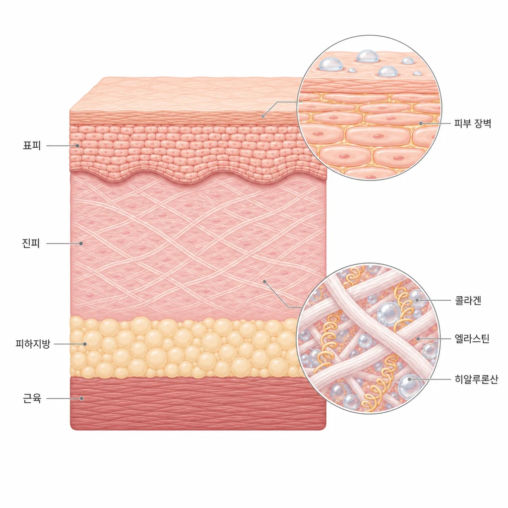 슬로우 에이징 관리의 두 축 — 각질세포와 지질층이 촘촘한 표피의 피부 장벽과, 콜라겐·엘라스틴·히알루론산이 채워진 진피를 확대해 보여 주는 피부 단면 도해