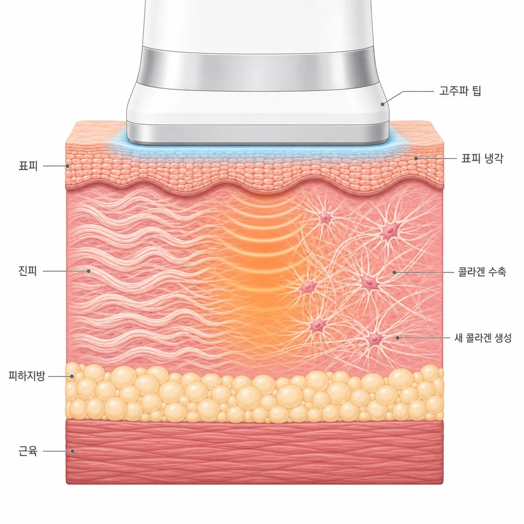고주파 리프팅 원리 — 표피는 냉각으로 보호한 채 진피에 열을 전달해 늘어진 콜라겐을 수축시키고 섬유아세포를 깨워 새 콜라겐 생성을 유도하는 피부 단면 도해