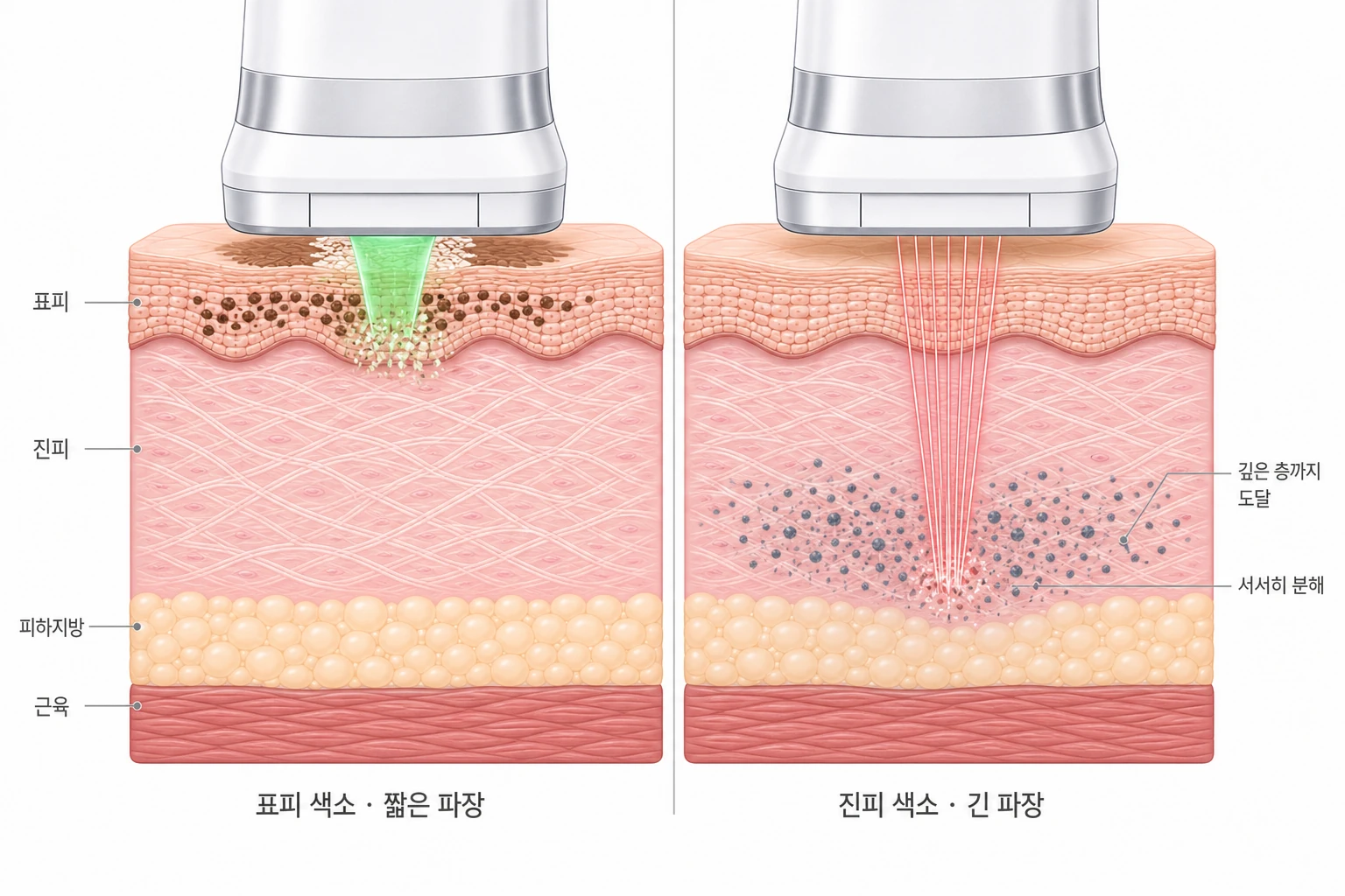 표피에 자리 잡은 색소는 짧은 파장이, 진피 깊은 곳의 색소는 긴 파장이 필요하다는 것을 보여 주는 색소 깊이별 레이저 파장 비교 피부 단면 도해