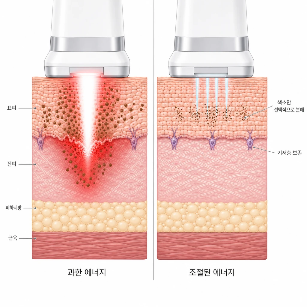 과한 에너지가 기저층을 손상시켜 색소를 악화시키는 경우와 조절된 에너지가 색소만 선택적으로 분해하는 경우를 비교한 피부 단면 도해