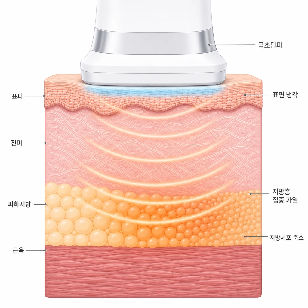온다 작동 원리 — 극초단파가 진피를 지나 지방층을 집중 가열해 지방세포가 축소되는 피부 단면 도해
