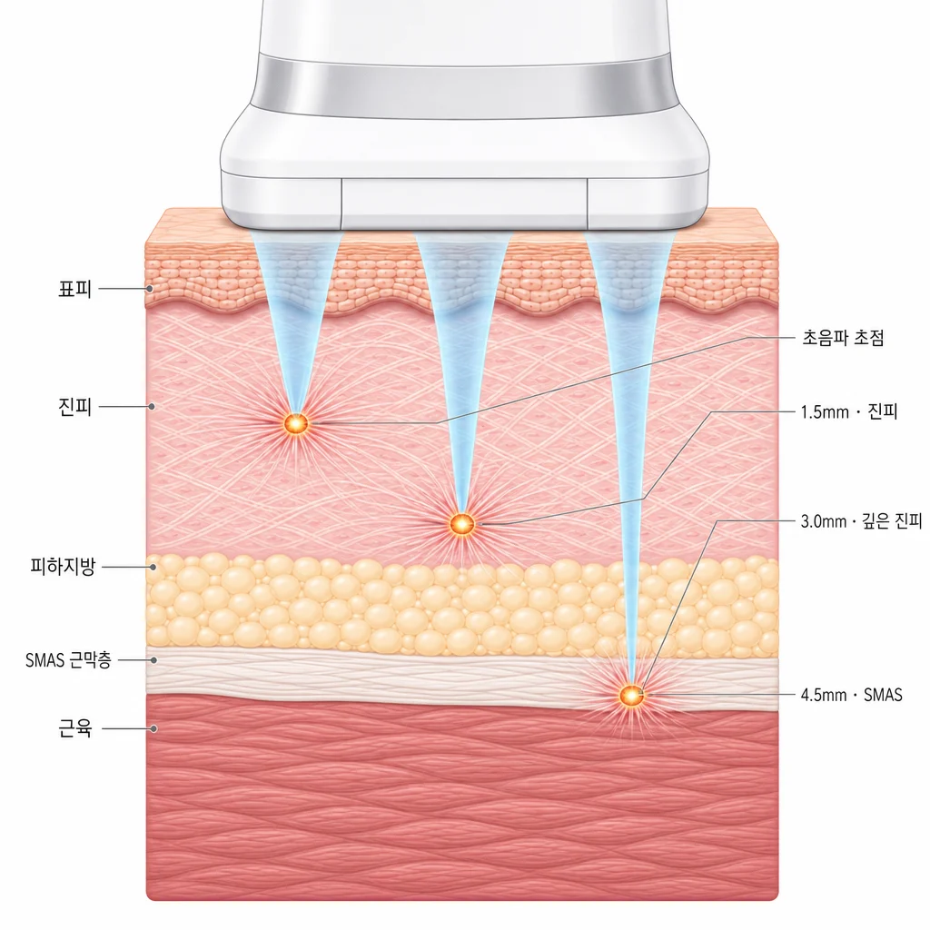 울쎄라 작동 원리 — 집속 초음파가 1.5mm 진피·3.0mm 깊은 진피·4.5mm SMAS 세 깊이에 열응고점을 만드는 피부 단면 도해